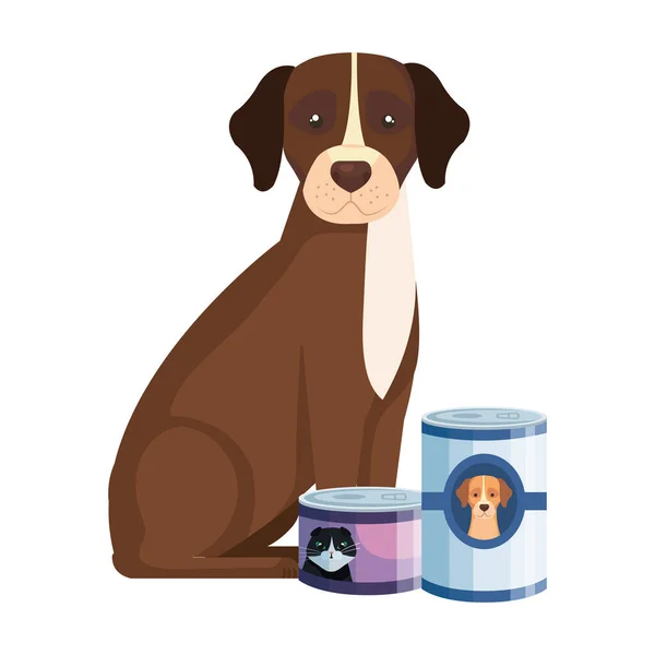 Cute dog with food for animals in can isolated icons — Stockvector