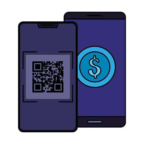 Smartphones con código de escaneo qr y moneda — Vector de stock