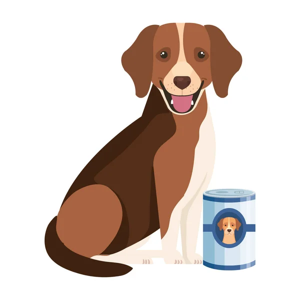 Милая собака с едой в банке изолированные иконки — стоковый вектор