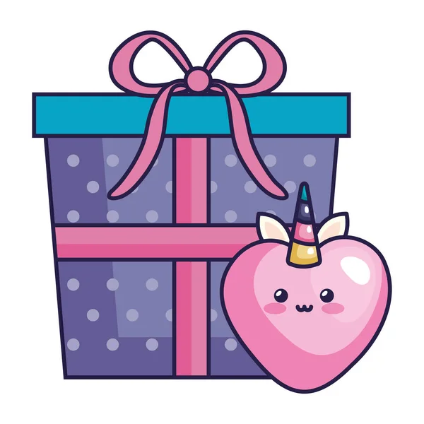 Cute heart unicorn kawaii style with gift box — Stok Vektör