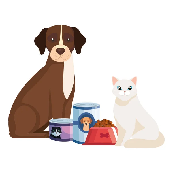Gato y perro con comida para animales — Archivo Imágenes Vectoriales