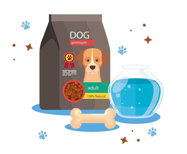 Food for dog in bag with round glass fish bowl and bone — 스톡 벡터