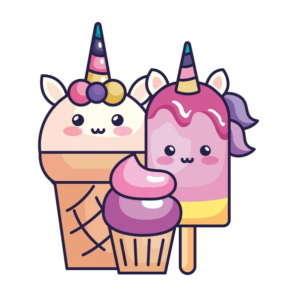 Cute unicorn ice creams with cupcake — 스톡 벡터