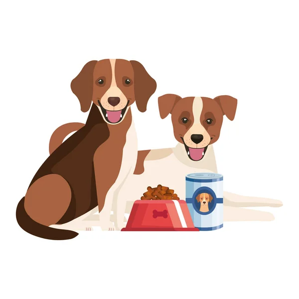 Cute dogs with dish and can food isolated icon — Stok Vektör