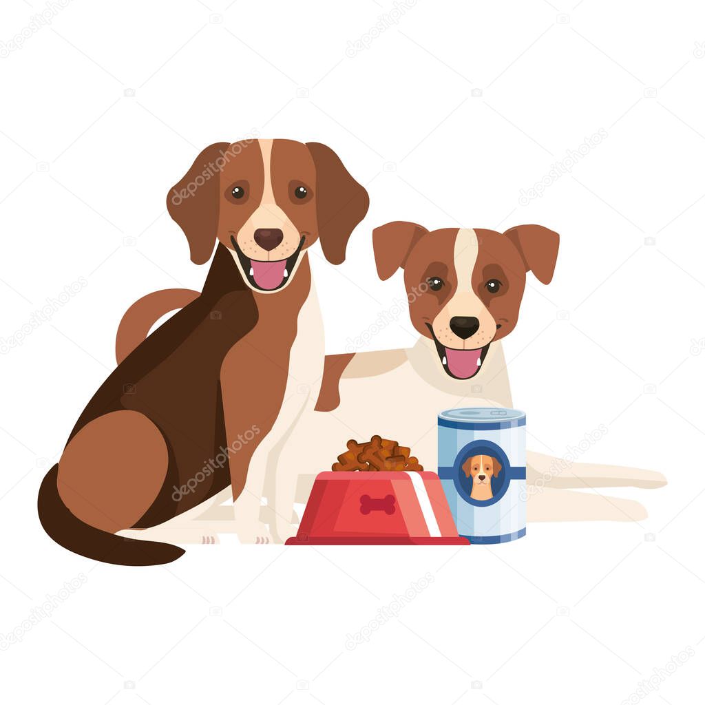 cute dogs with dish and can food isolated icon