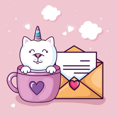 cute cat unicorn fantasy in cup with envelope