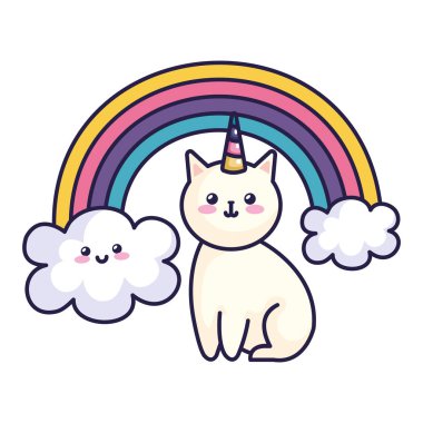 cute cat unicorn with rainbow kawaii style icon