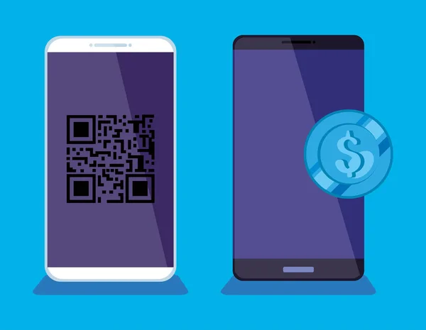 Smartphones with scan code qr and coin — Stok Vektör