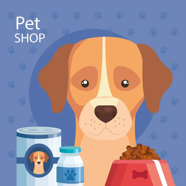Tienda de mascotas con perro e iconos — Archivo Imágenes Vectoriales