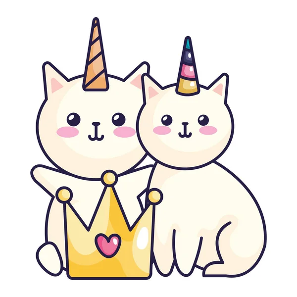 Lindos gatos unicornio con iconos de corona — Vector de stock