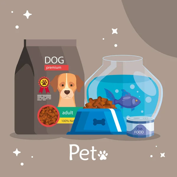 Pet shop with food dog bag and icons — Wektor stockowy