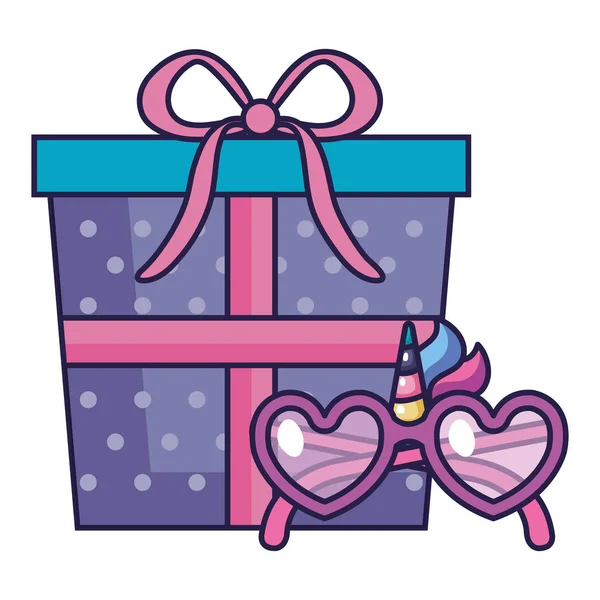 Cute eyeglasses and unicorn decoration with gift box — Stockvector