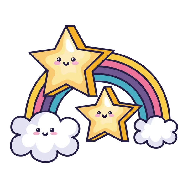 Cute rainbow with clouds ans stars kawaii style — Stock vektor