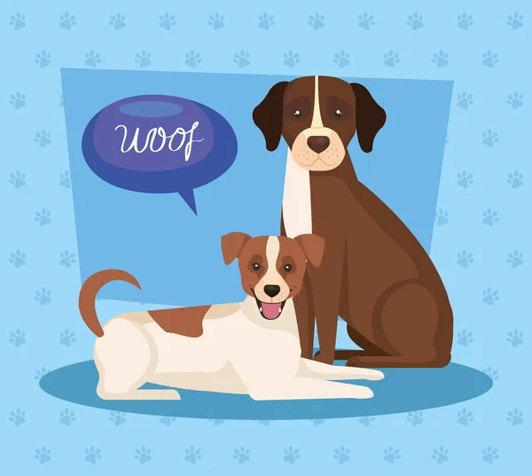 Group of dogs brown and white in background with pawprints — Stockvector