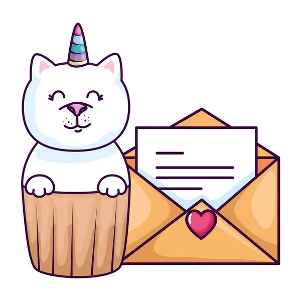 Cupcake van schattige kat eenhoorn met envelop — Stockvector