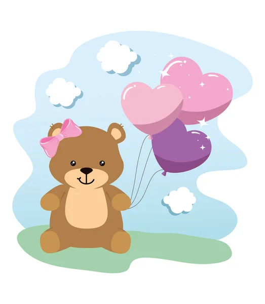 Cute teddy bear female with balloons helium — Διανυσματικό Αρχείο