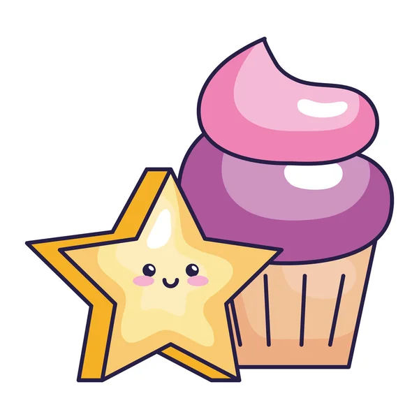 Bonito estrela mágica kawaii com cupcake ícones isolados — Vetor de Stock