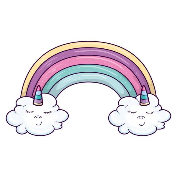 可爱的彩虹与云雾独角兽卡瓦风格 — 图库矢量图片