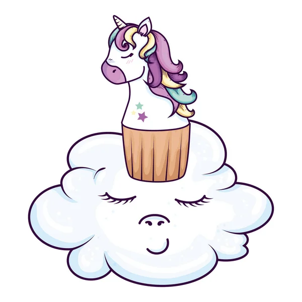 Cupcake van hoofd van schattige eenhoorn in wolk kawaii stijl — Stockvector