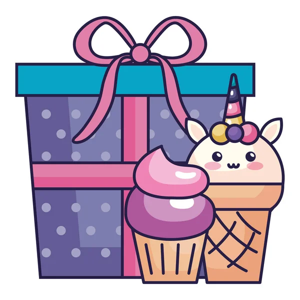 Cute unicorn ice cream with cupcake and gift box — Stockvektor
