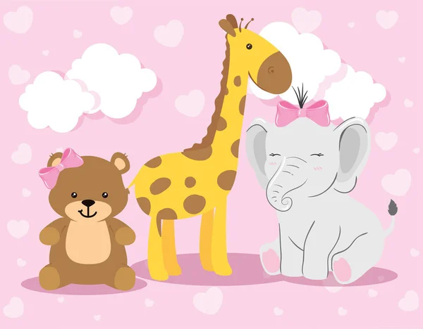 Cute teddy bear female and elephant with giraffe — Stockvektor