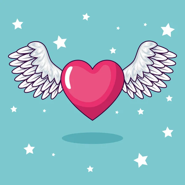 Coeur mignon avec des ailes et des étoiles décoration — Image vectorielle