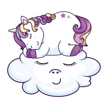cute unicorn sleeping in cloud kawaii style
