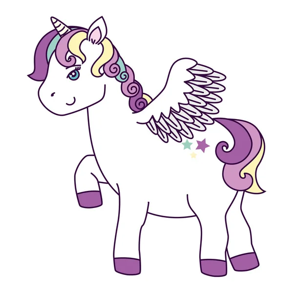 Cute unicorn with wings and stars decoration — Stockvector