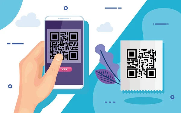 Mão usando smartphone com código de varredura qr — Vetor de Stock