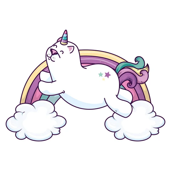 Mignon chat licorne avec arc-en-ciel et nuages — Image vectorielle