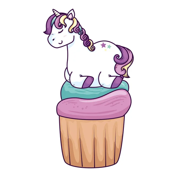 Cute unicorn fantasy in cupcake isolated icon — Stockvector