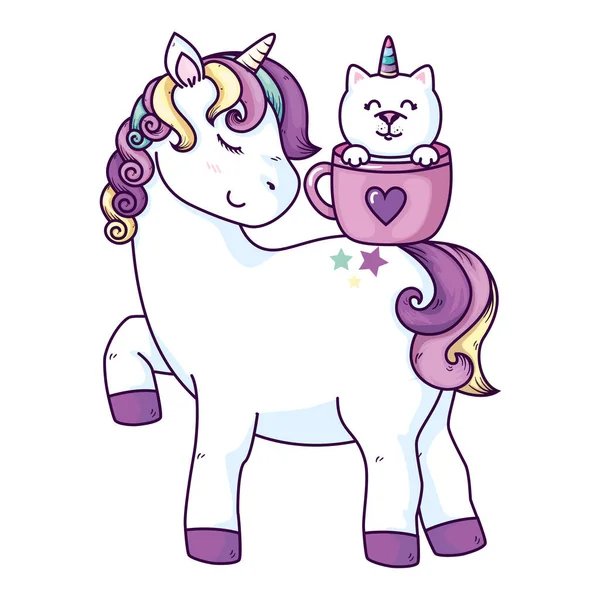 Cute unicorn with cat unicorn in cup — 스톡 벡터