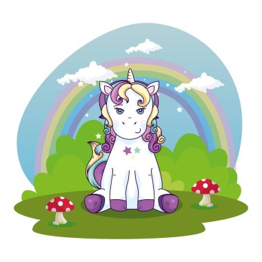 cute unicorn fantasy in landscape with rainbow