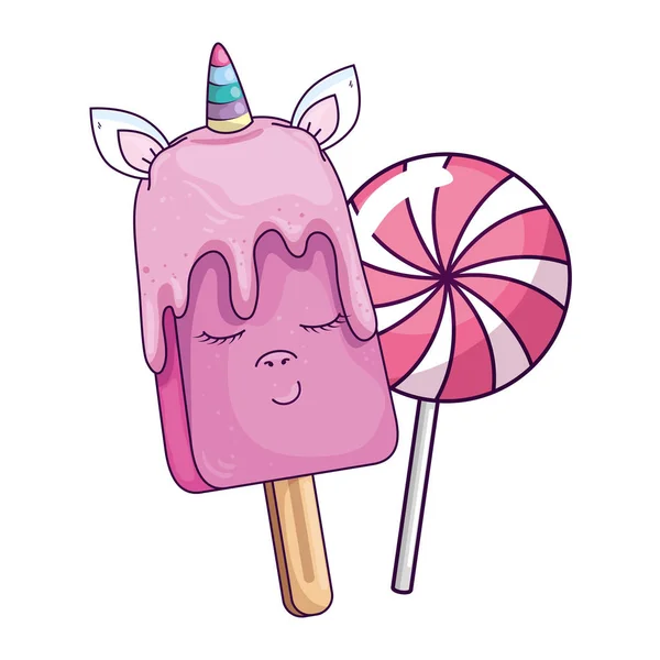 Carino unicorno gelato kawaii con lecca-lecca — Vettoriale Stock