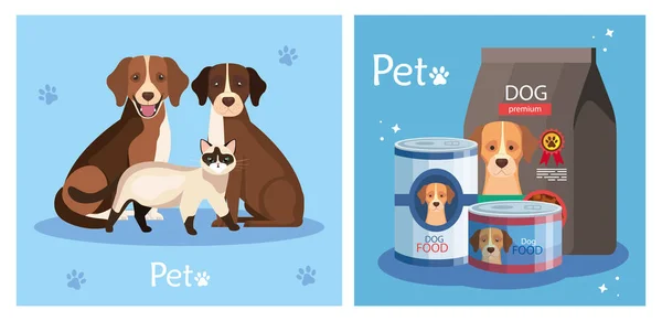 Set poster of food and cute dog and cat — Stockvector