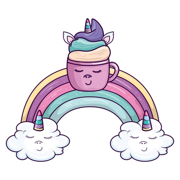 Carino unicorno tazza con arcobaleno e nuvole icona in stile kawaii — Vettoriale Stock