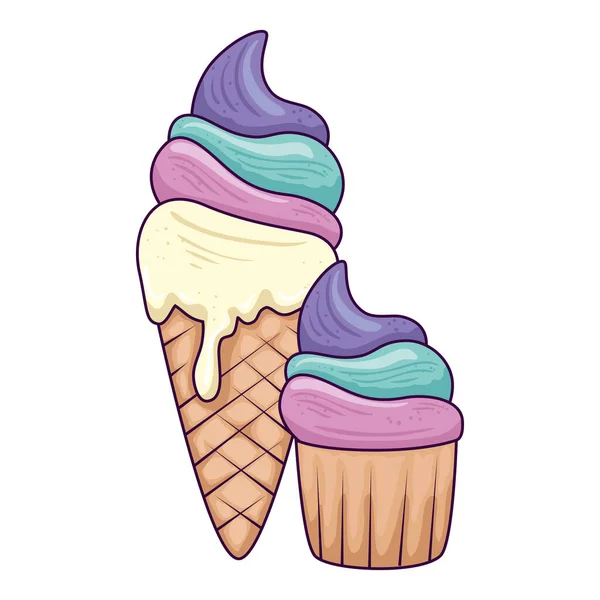 Cute ice cream in cone with cupcake — 스톡 벡터