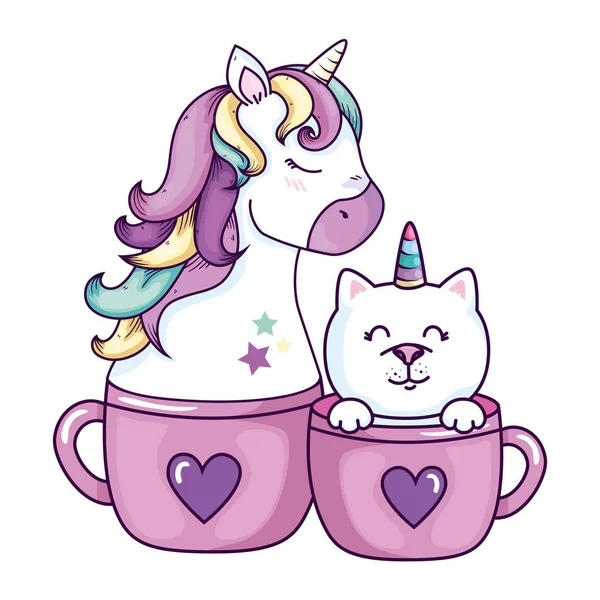 Unicorn and cat fantasy in cups — 스톡 벡터