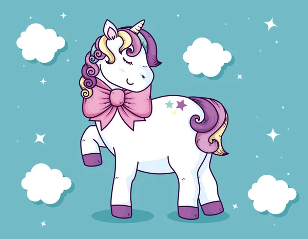 Cute unicorn with bow ribbon and clouds decoration — Stock vektor
