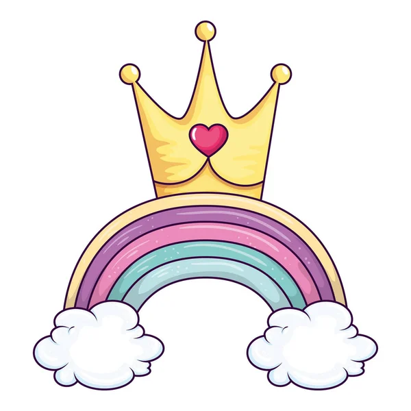 Arc-en-ciel mignon avec nuages et couronne — Image vectorielle