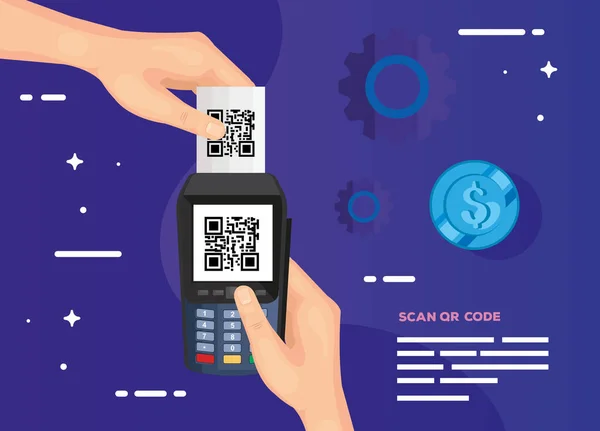 Digitalizar o código qr com as mãos usando o dataphone — Vetor de Stock