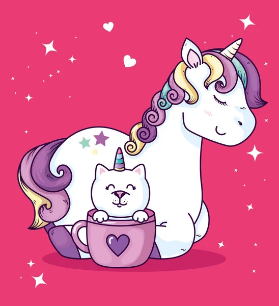 Cute unicorn with cat unicorn in cup — 스톡 벡터