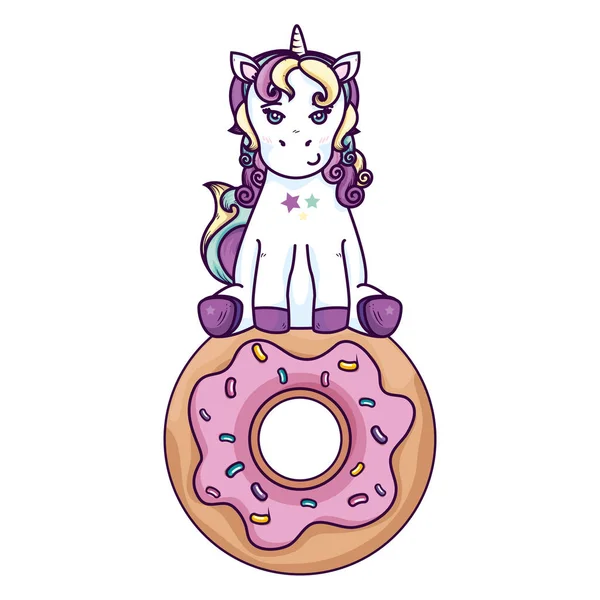 Cute unicorn fantasy with donut isolated icon — Διανυσματικό Αρχείο