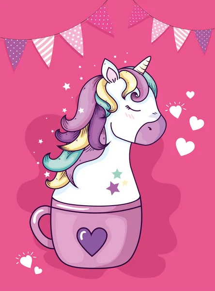 Head of cute unicorn fantasy in cup ceramic with decoration — Stock Vector