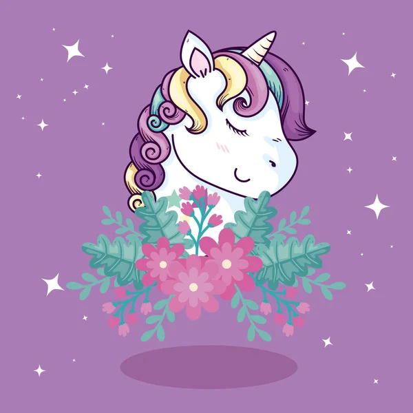 Head of cute unicorn fantasy with flowers decoration Royaltyfria illustrationer