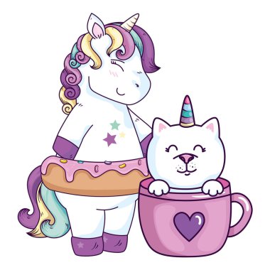 cute unicorn with cat unicorn in cup