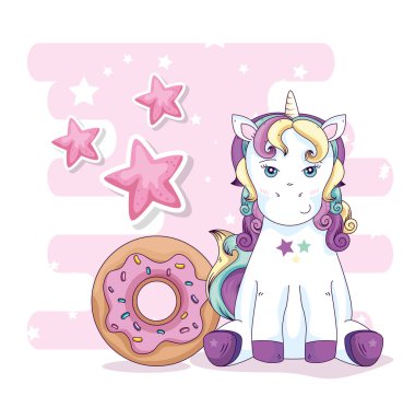 cute unicorn with stars decoration and donut
