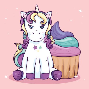 cute unicorn fantasy with delicious cupcake