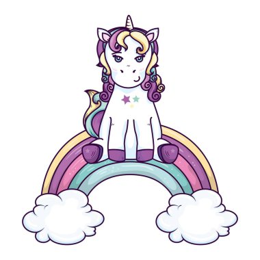 bulutlar ve gökkuşağı olan sevimli at