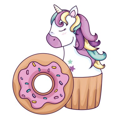 cupcake of head of cute unicorn and donut